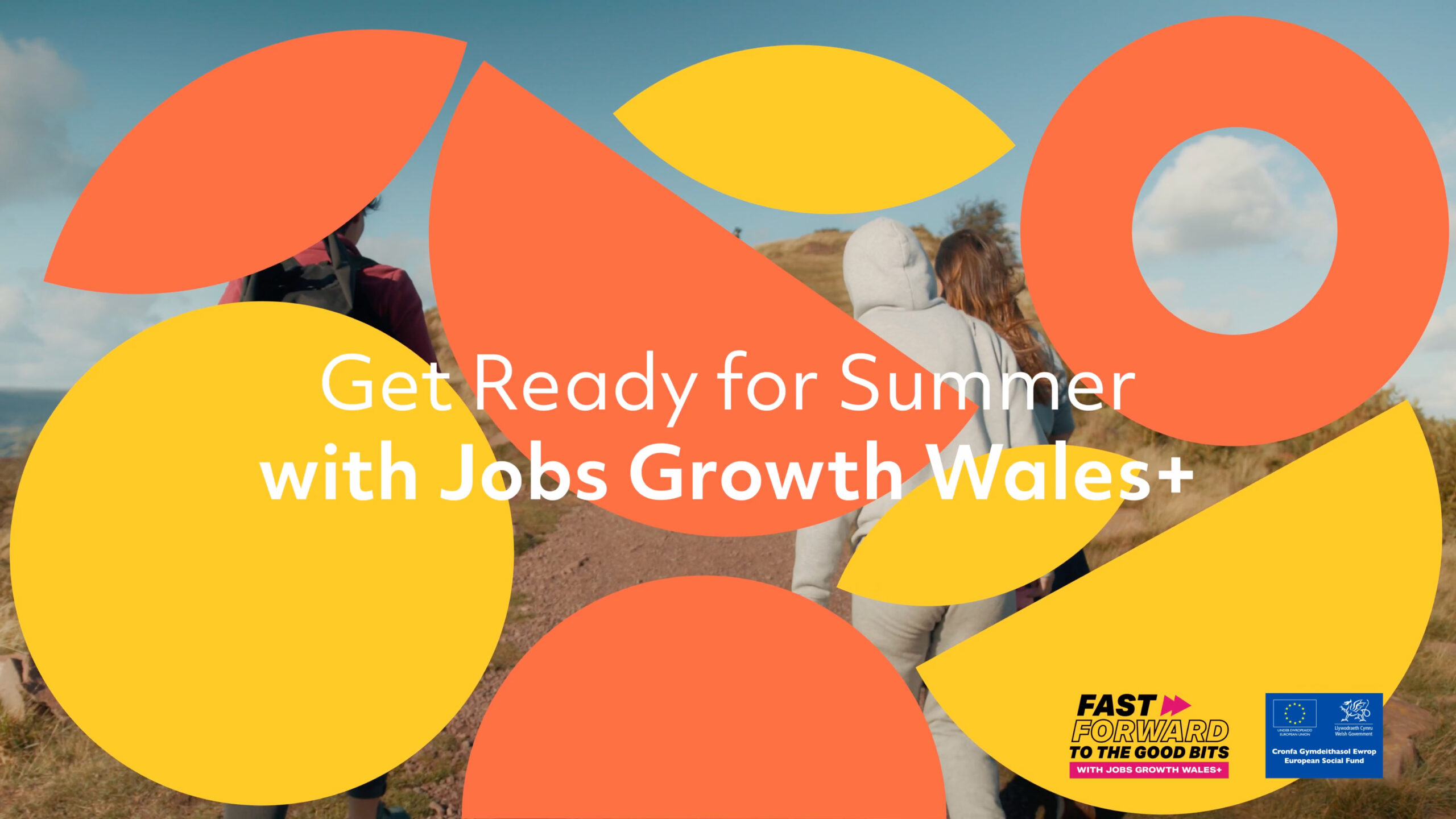 Orange and yellow graphic, with the text "Get Ready for Summer with Jobs Growth Wales Plus"